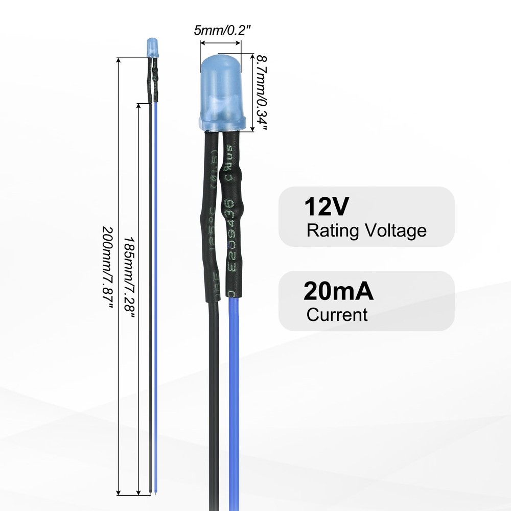 50pcs 3mm LED Diode Lights, Blue Light DC 12V for Electronics