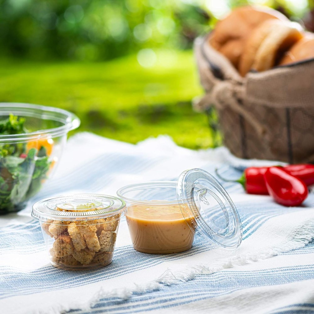 Portion Cups with Lids (4 Ounces, 100 Pack) | Disposable Plastic Cups for Meal