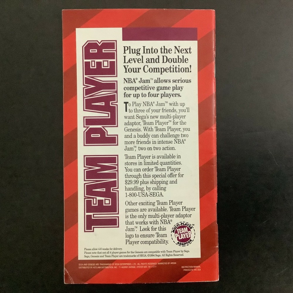 NBA JAM SEGA Genesis Instruction Manual Only - Good Shape