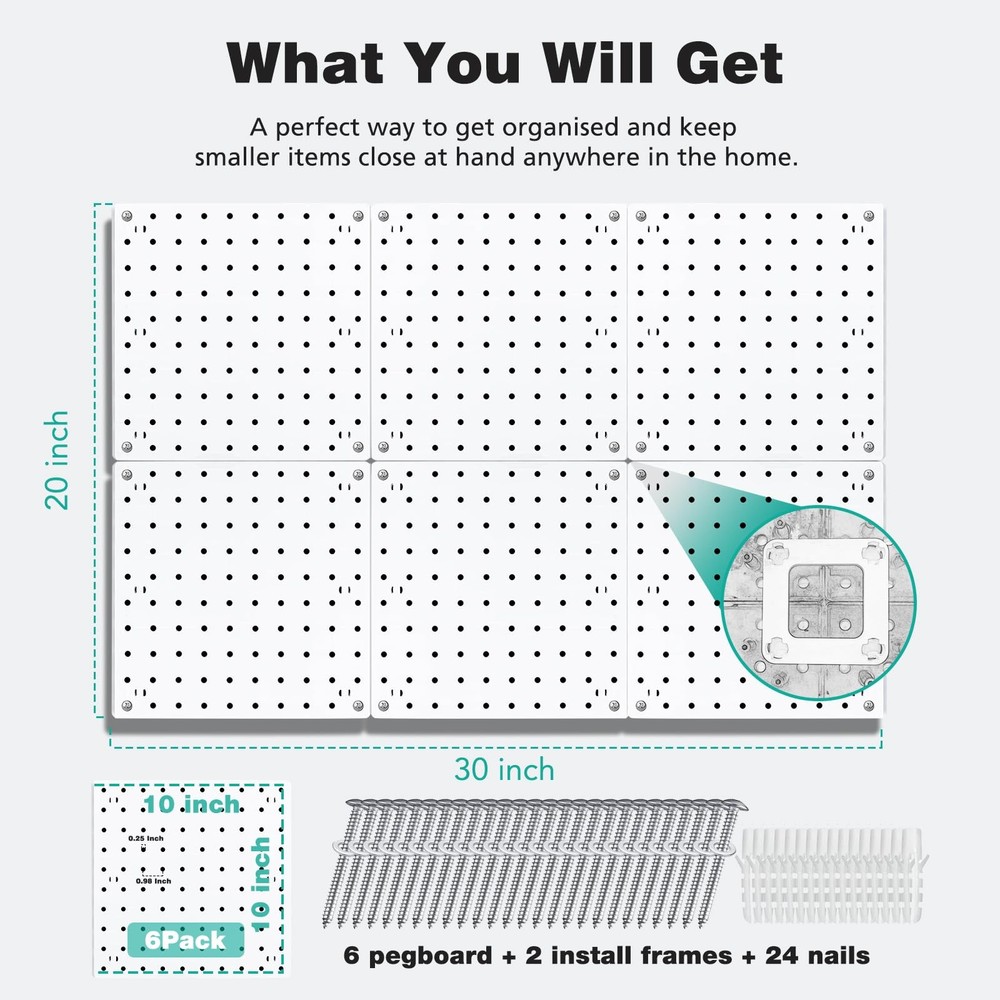 6Pcs Peg board, Pegboard Wall Organizer Panels, Wall Mount Display Small Pegboar