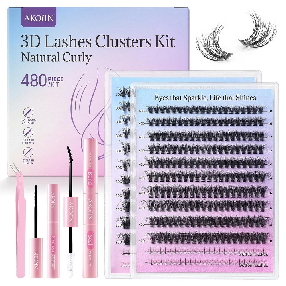AKOIIN D-Curl Lash Clusters Kit, 480pcs Cluster Eyelash Extensions with Bottom