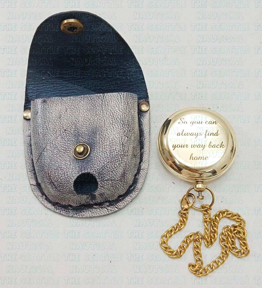 Vintage Solid Brass WWII Pocket Compass Gift with Leather Case and Chain