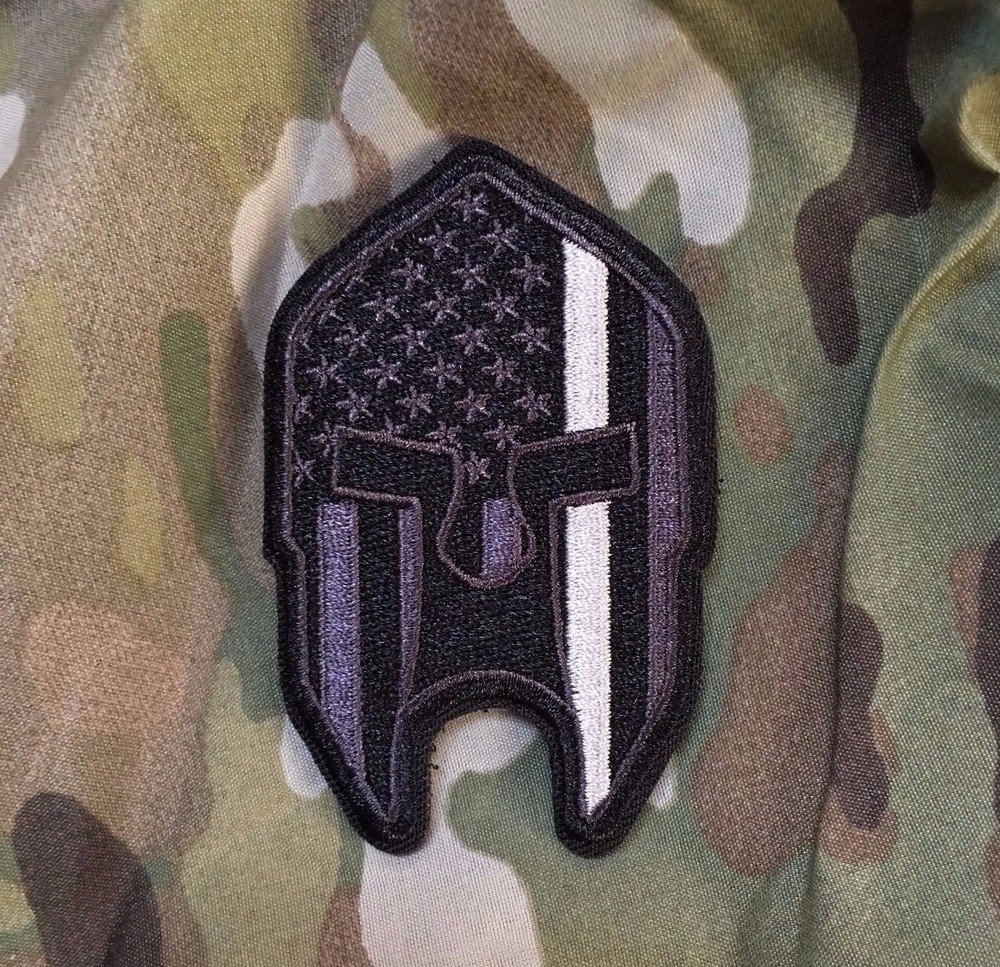 Subdued Thin Silver Line American Flag Spartan Helmet Patch