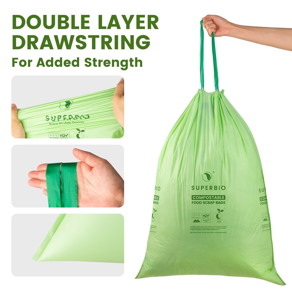 13 Gallon Compostable Drawstring Kitchen Waste Bag, 49.2 Liter, 30 Count,1 Mi...