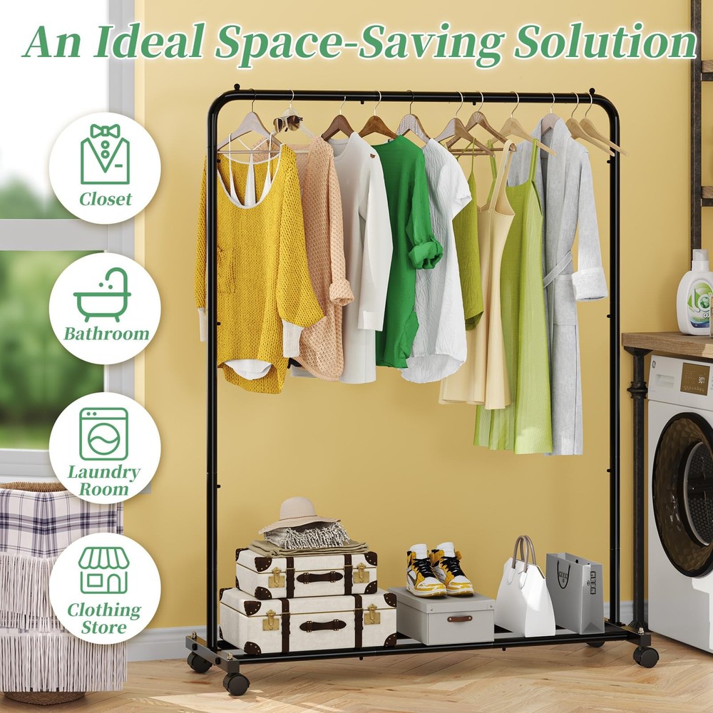 Simple Trending Rolling Garment Rack w/ Storage Shelves - Black