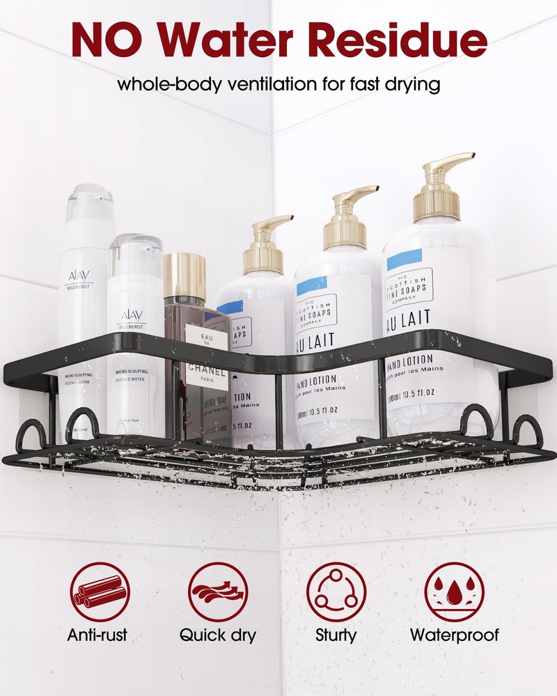 Sakugi Corner Shower Caddy 2 Pack Adhesive Black Rustproof No Drill