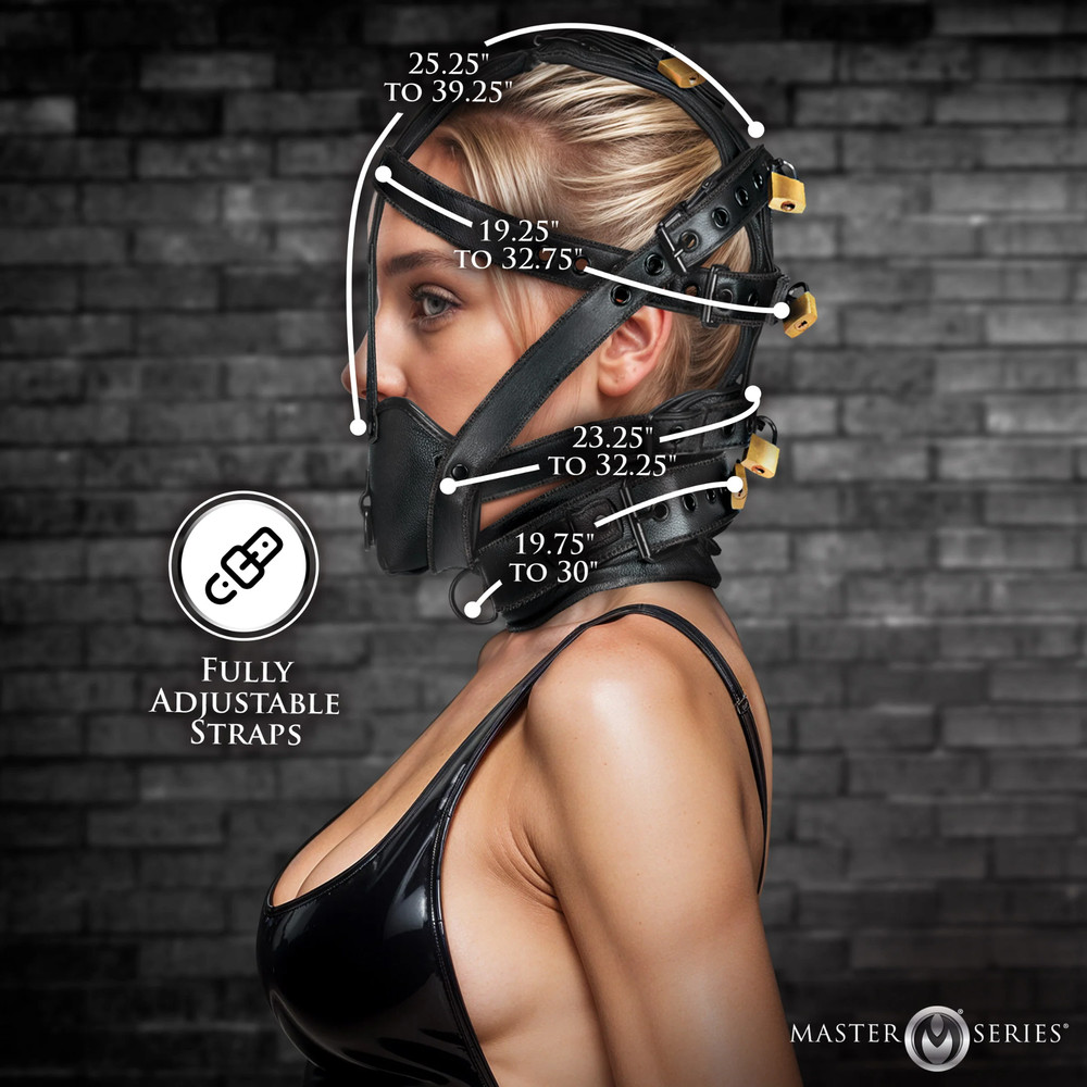 Adjustable Lockable Leather Head Harness with Muzzle BDSM Restraint Fetish Play