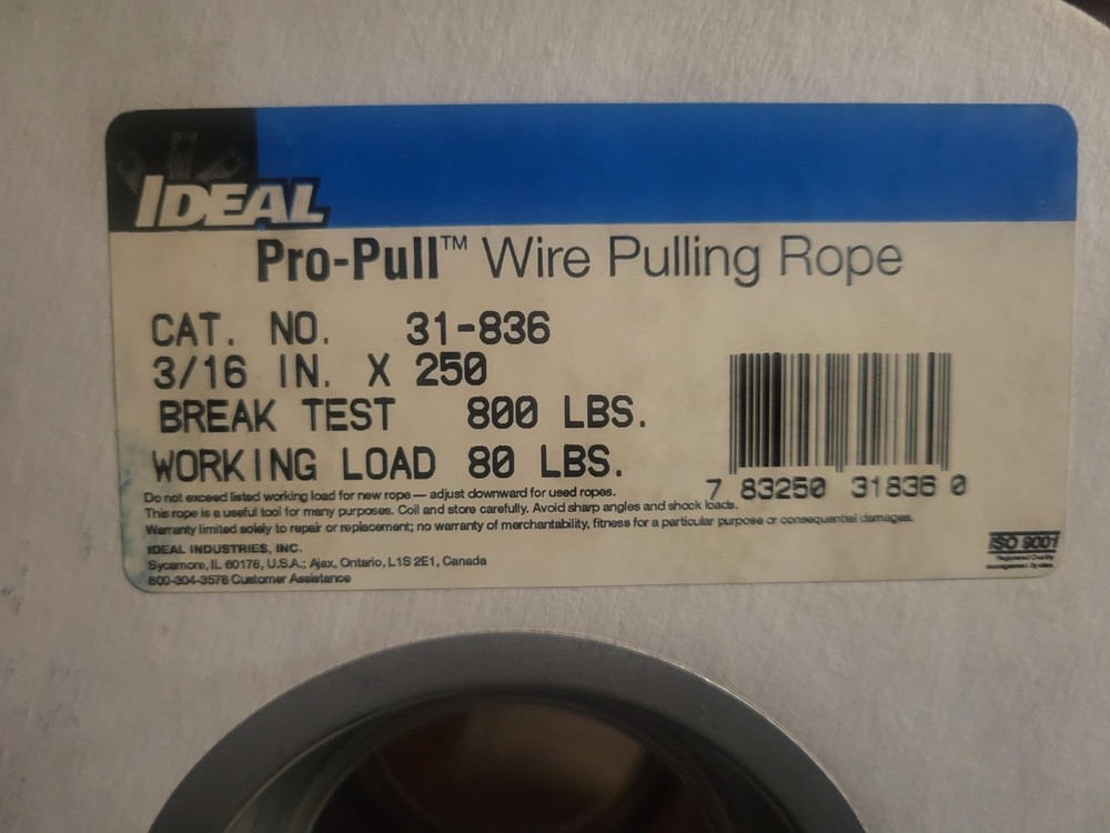 Ideal 31-836 Pro-Pull Polypropylene Rope, 3/16", x 250' New Spool