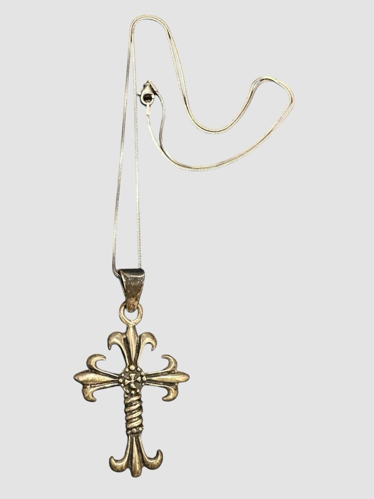 Sterling Silver Fleur De Lis Cross Gothic 25” Snake Chain