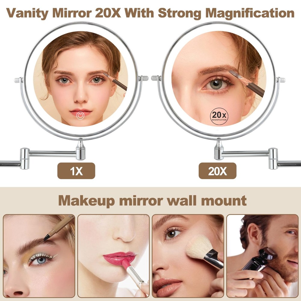 Rechargeable Lighted Wall Mounted Makeup Mirror 8" 20X Double-Sided | Dimma