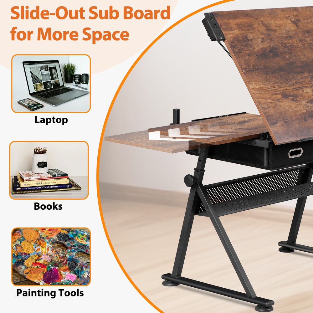 Drafting Table Artist Drawing Table with Outlet Sturdy Writing Table with Stool