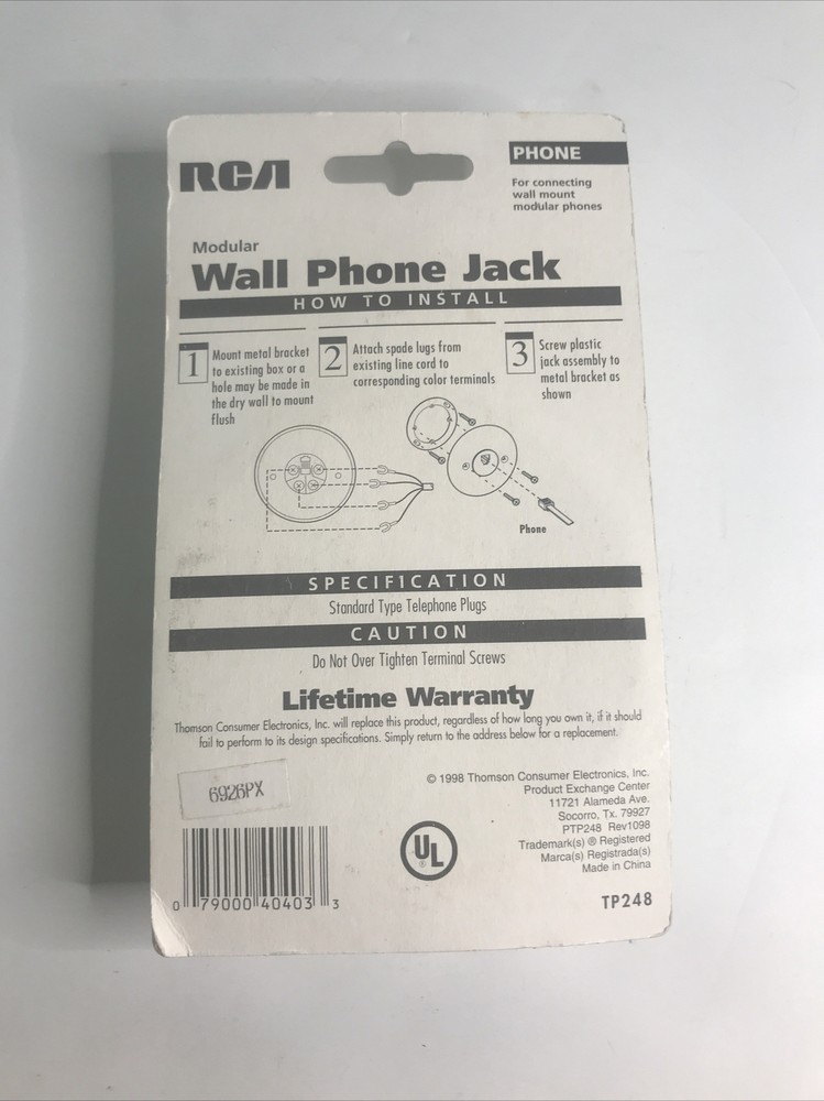 RCA Modular Wall Phone Jack New 1858