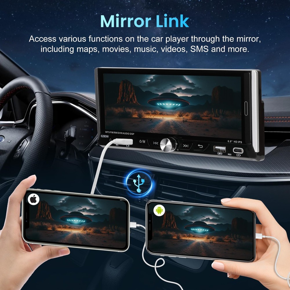 6.9 INCHES SINGLE DIN TOUCHSCREEN CAR STEREO WITH WIRELESS APPLE CARPLAY ANDROID