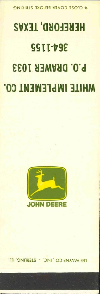 John Deere Matchbook 2 Leg White Implement Co Hereford Texas
