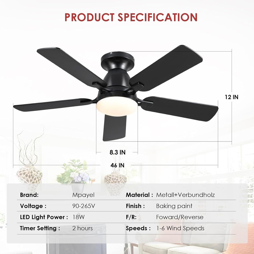Ceiling Fans with Lights- 46"Low Profile Indoor Ceiling Fan with Light