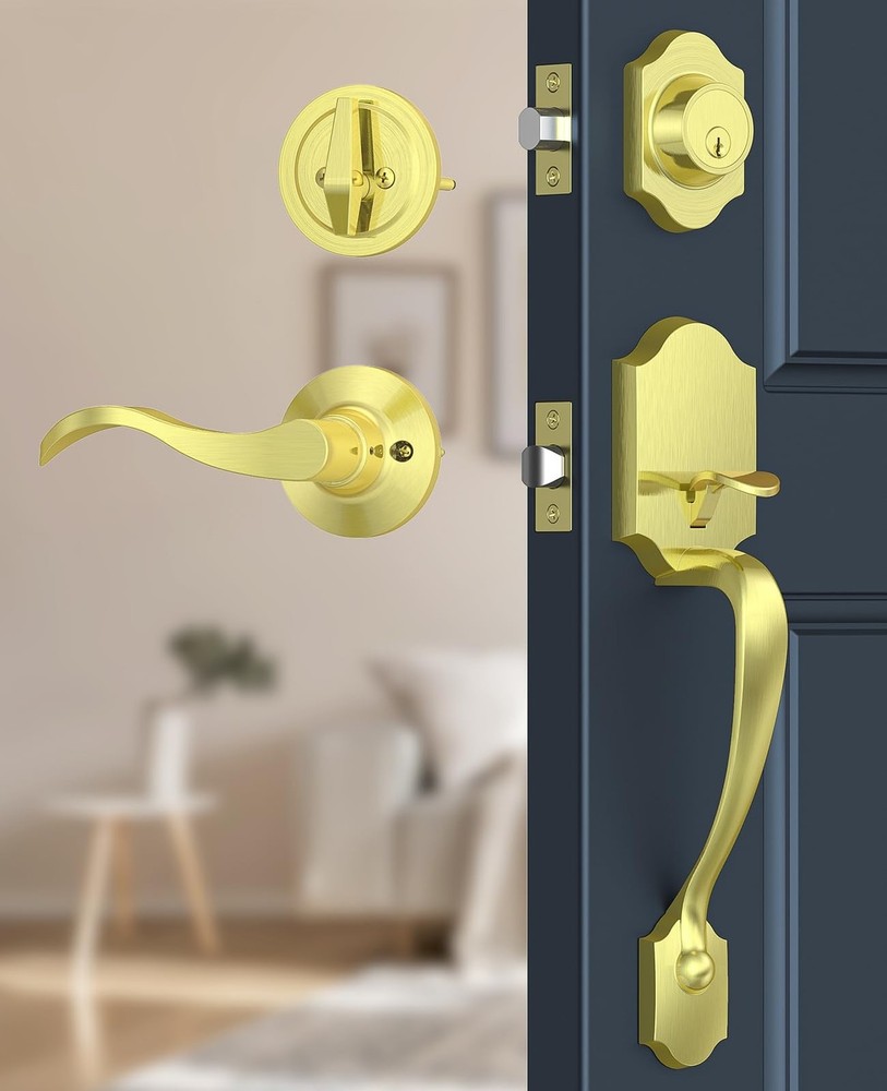 Brightify Brushed Gold Front Door Lock Set, Keyed Entry Door Handle with Dead...