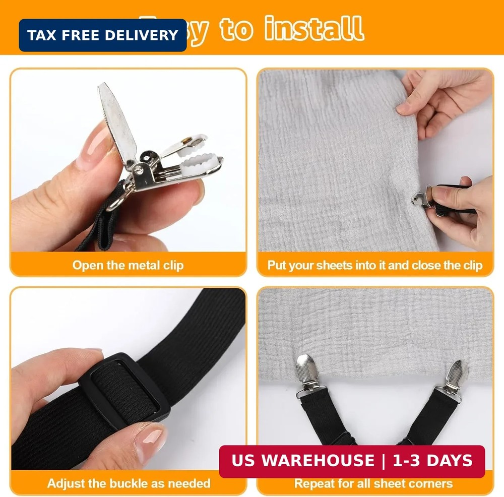 Bed Sheet Straps, 4Pcs Elastic Adjustable Bed Sheet Holder Straps, Fitted Sheet