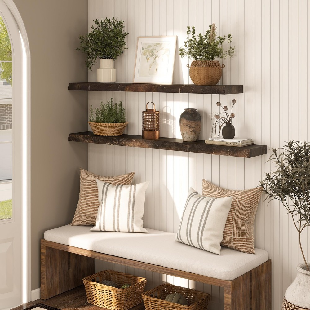 48" Rustic Elm Floating Shelves - Solid Wood Live Edge with Invisible Bracket...