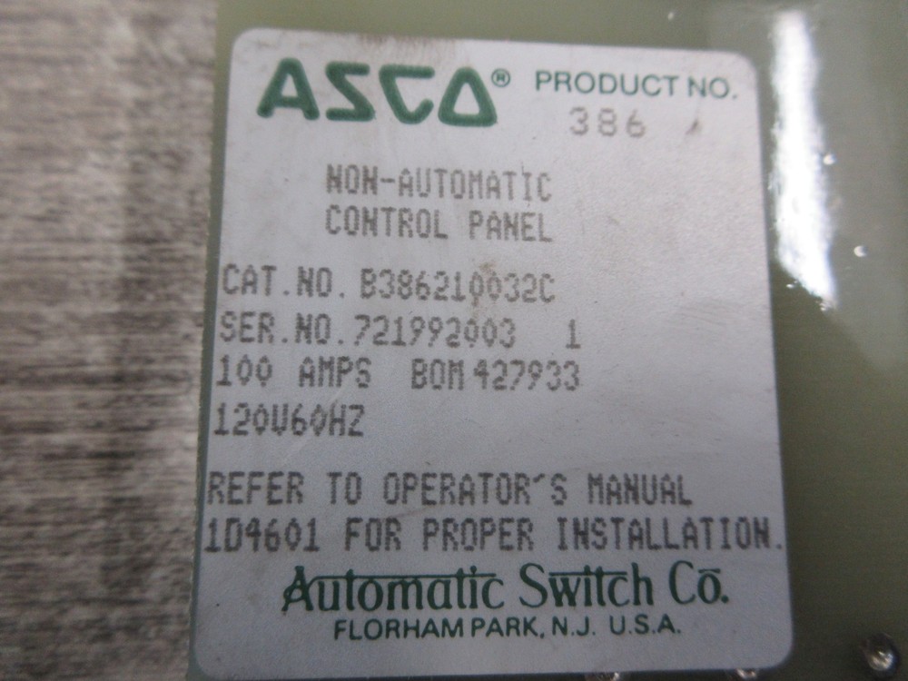 Asco Non-Automatic Control Panel B386210032C 100A 120V 60Hz Used