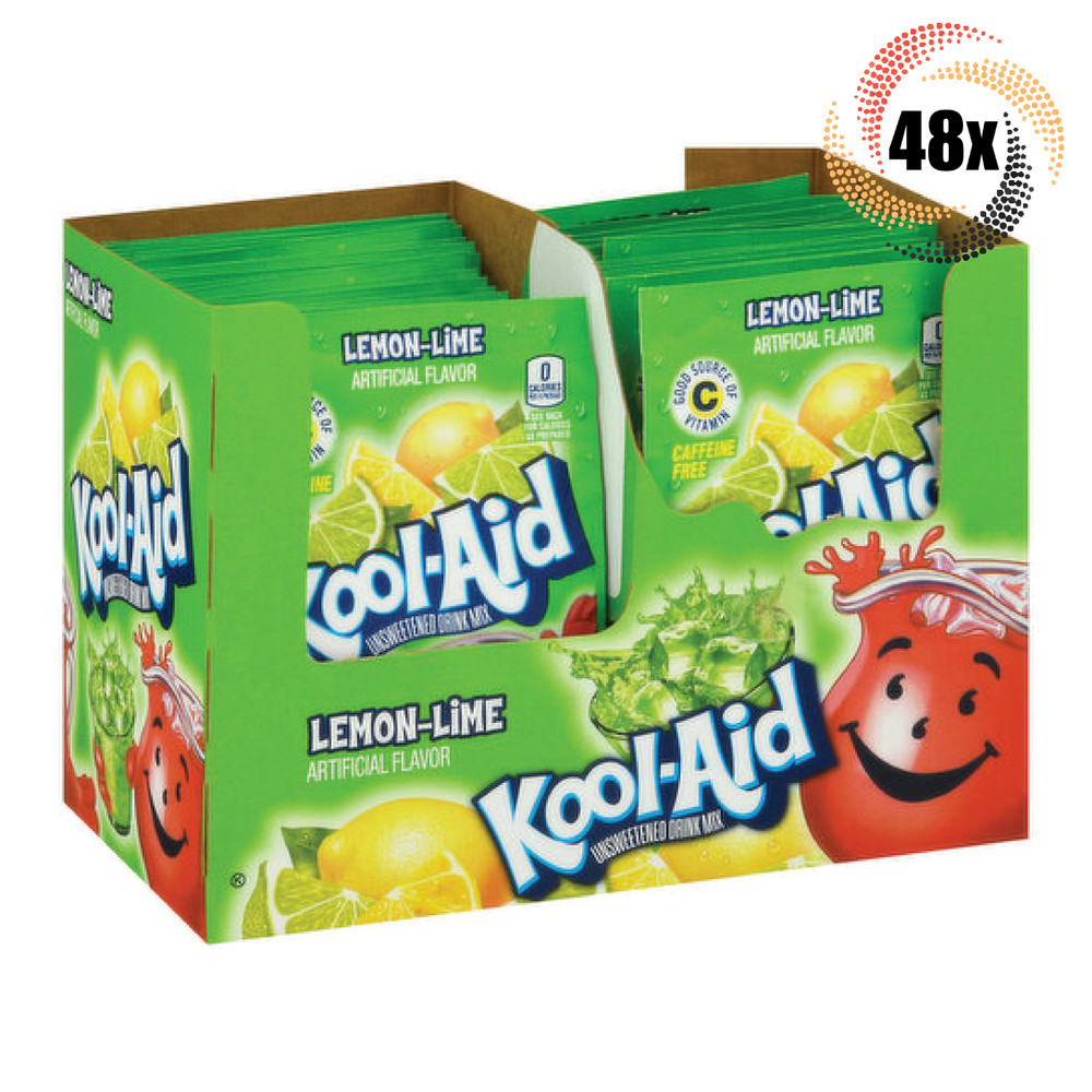 Full Box 48x Packets Kool-Aid Lemon Lime Soft Drink Mix | Caffeine Free |