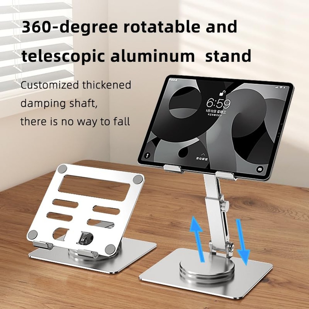 Tablet Stand for Desk, Adjustable Height & Swivel with 360° Rotating Base,