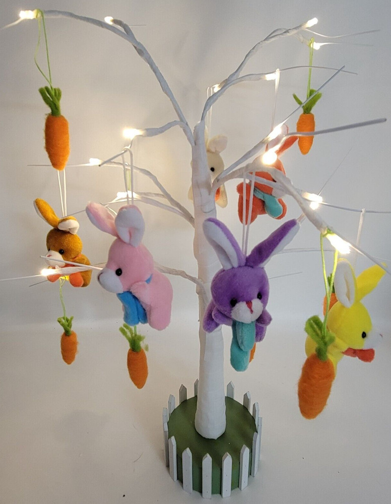 Lighted 22 Inch Easter Spring Tree 14 Hanging Plush Ornaments Rabbits Carrots