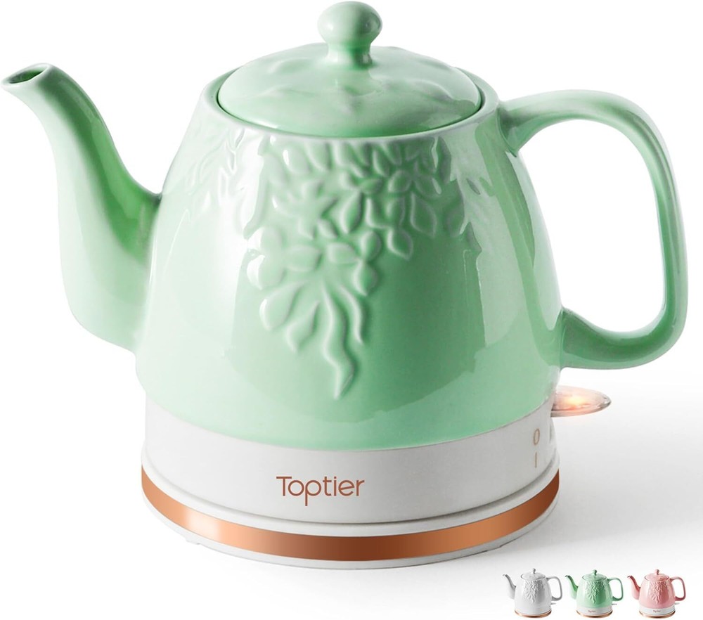 Electric Ceramic Tea Kettle, Boil Water  , Boil Dry Protection,1 L, Green Leaf