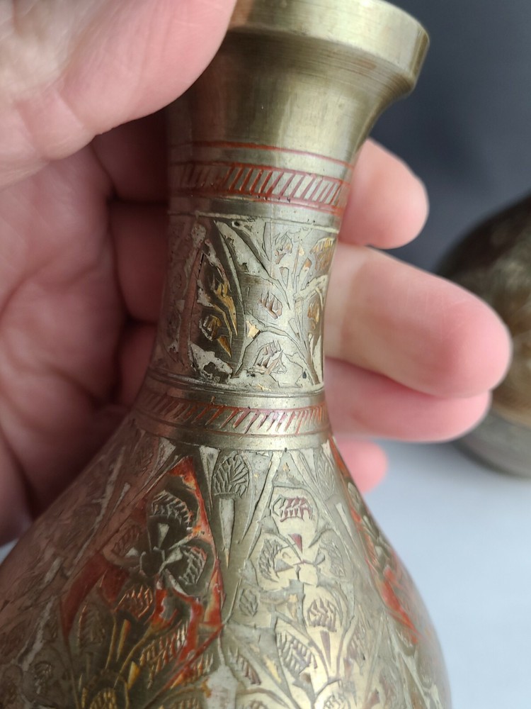 Vintage Pair Small Carved Brass Vases