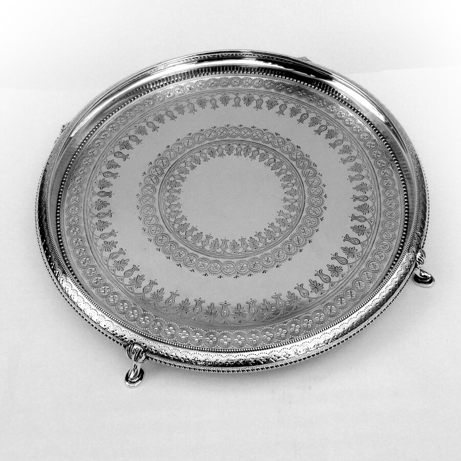 Engraved Round Footed Salver Silverplate