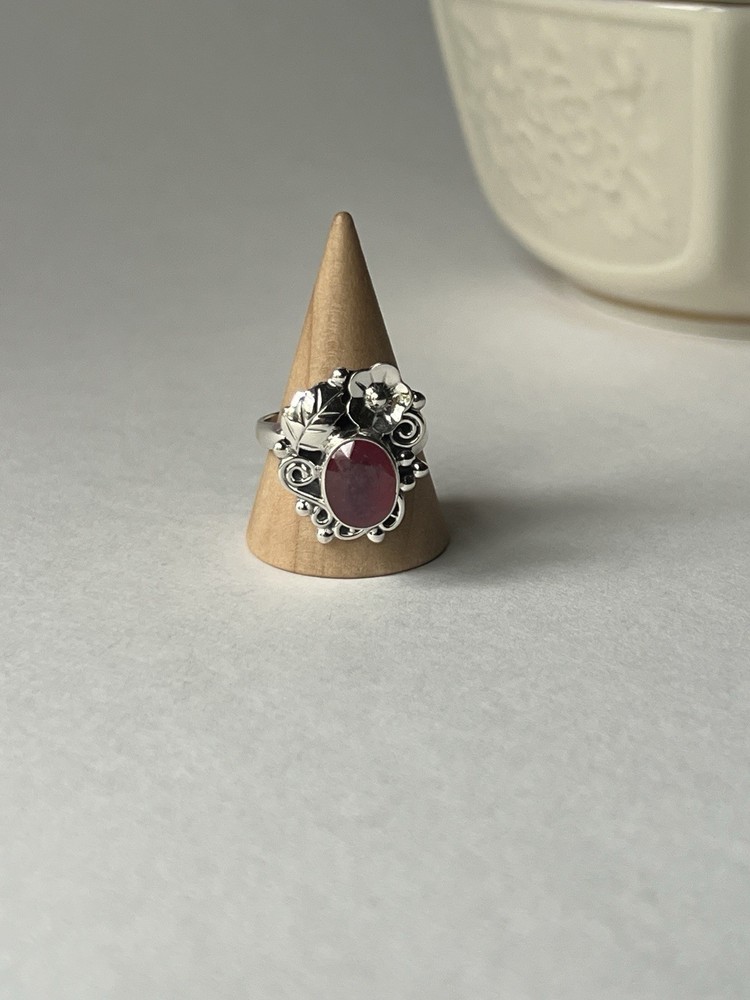Red Coral Floral Ring 925 Sterling Silver, Adjustable Size
