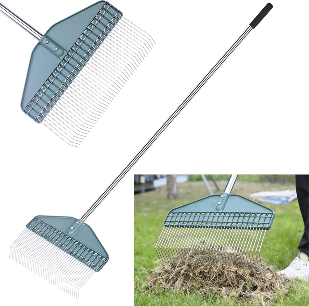 Thatch Rake, 66" Adjustable Handle, 17" Wide Dethatcher Rake for Garden, Patio &
