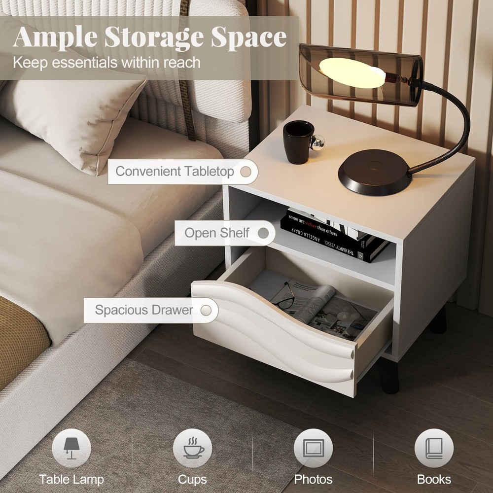 2PCS Nightstand w/Drawer 3D Wavy Pattern Open Shelf Small Sofa Couch Side Table