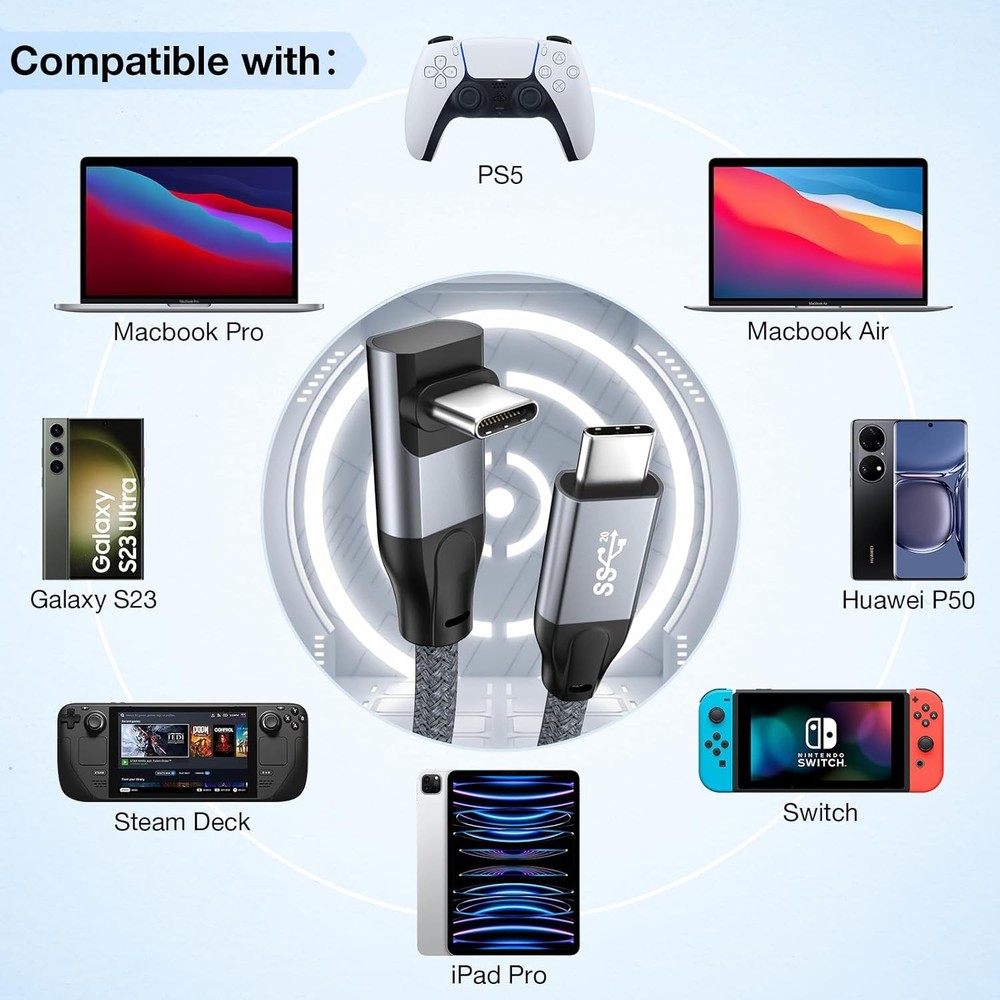 USB C to C Cable Right Angle 20Gbps Data Transfer 1.64 FT/Nylon Braided