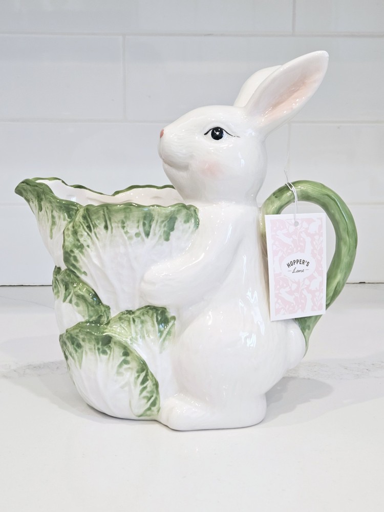 Hopper's Lane Easter Bunny Pitcher Cabbage Leaf Ceramic 9.5in