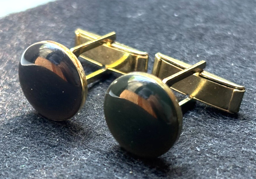 Vintage cufflinks - blue round gem solid metal casing
