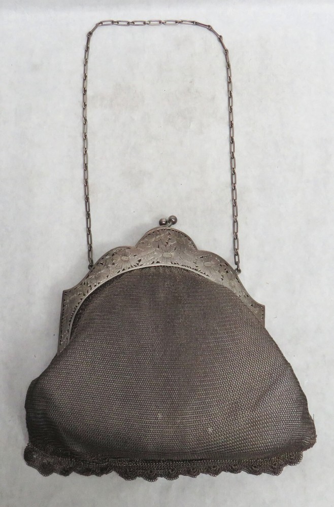 VICTORIAN ERA GERMAN 800 SILVER MESH PURSE WITH MINI SILVER BAG INSIDE
