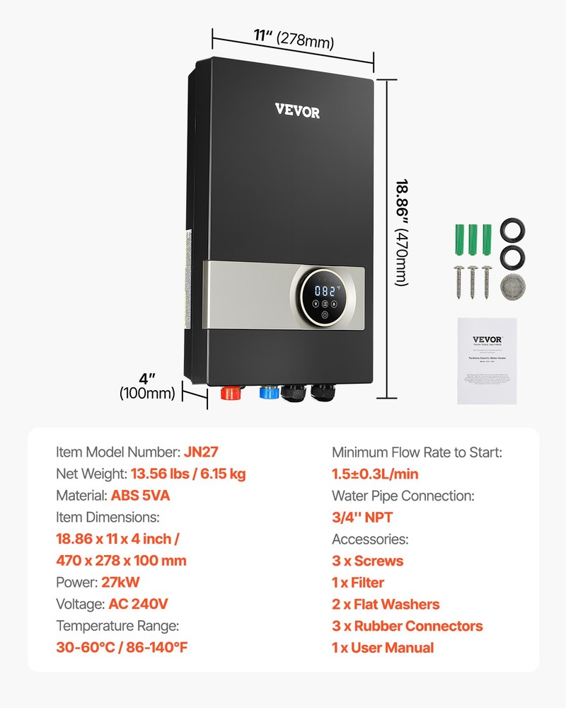VEVOR 27kW Tankless Electric Water Heater Instant Hot with LCD Touch Child Lock