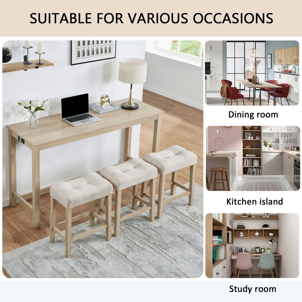 4 Piece Bar Table Set Counter Height Kitchen Dining Table w/ 3 Saddle Bar Stools