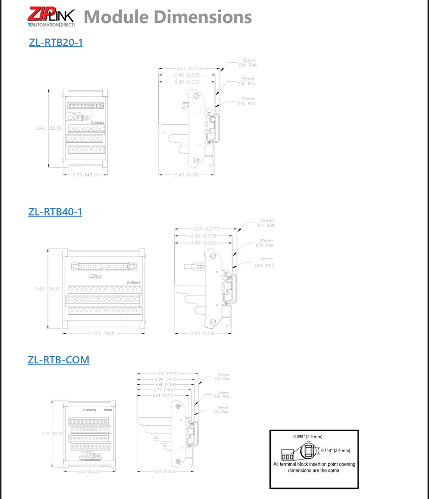 ZIP Link ZL-RTB20-1 reduced-width feedthrough module, 24-pole Automation Direct