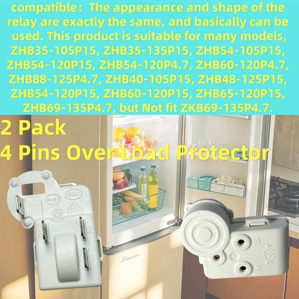 2 Pack Refrigerator Freezer Compressor PTC Starter Relay, 4 Pins Over Load...