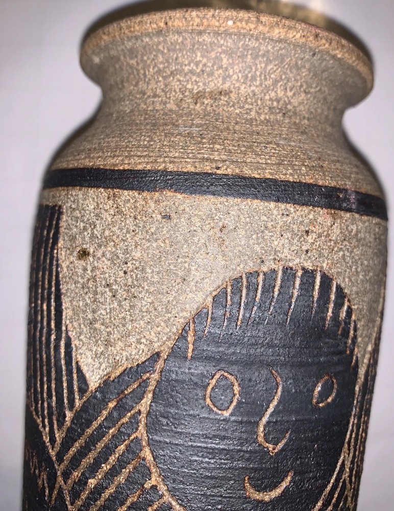 Vintage Handmade Clay Compact Vase (Ethnic Faces Pattern) 7 1/4” Tall