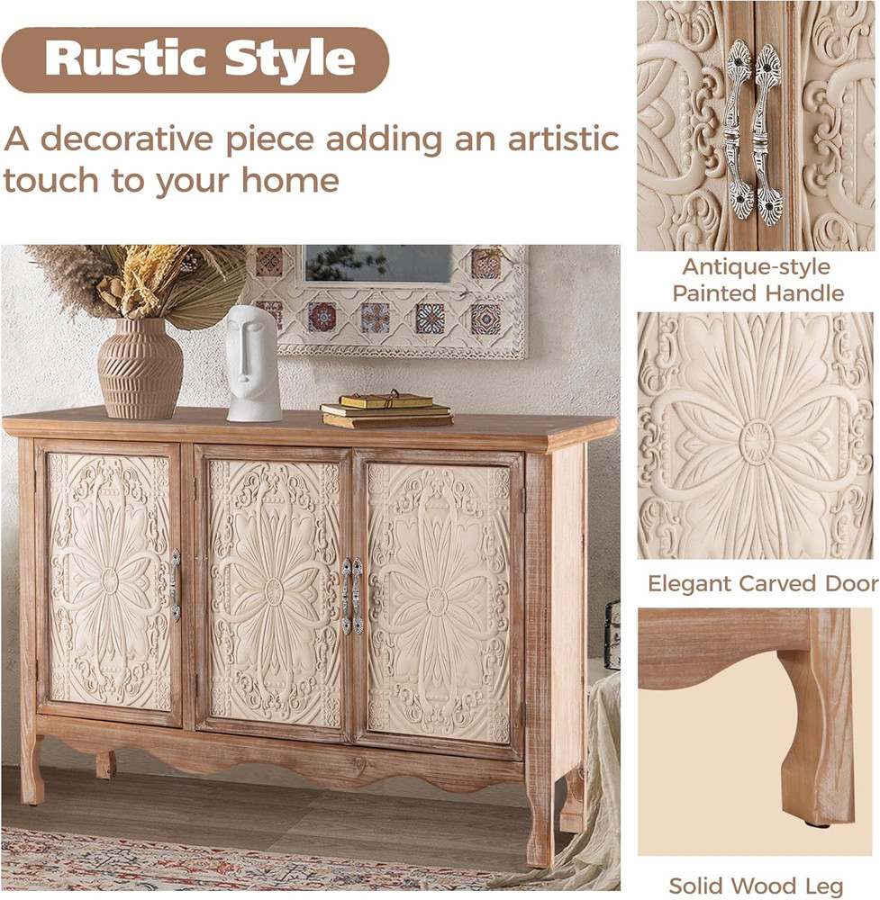 Rustic Accent Storage Cabinet with 3 Carved Doors for Home & Entryway