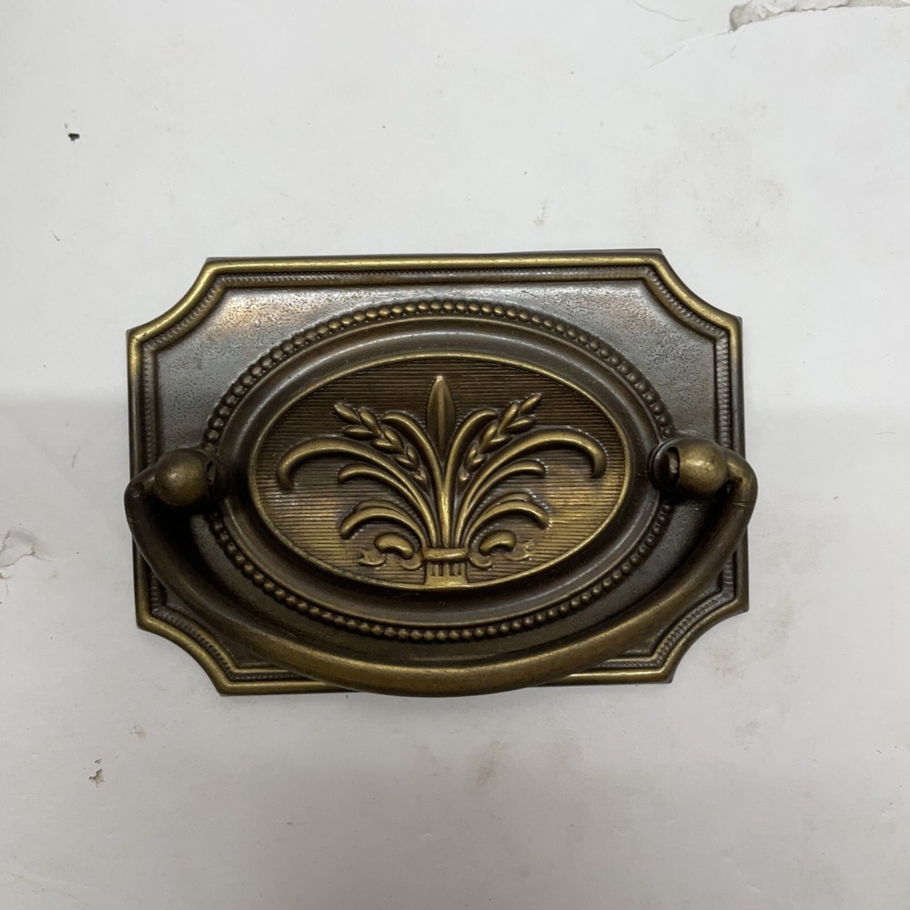 1 VINTAGE ANTIQUE ART DECO DRAWER PULL BRASS IRON DROP RING RECTANGLE READ