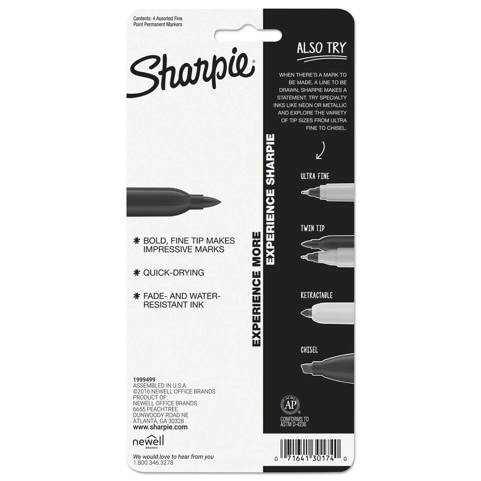 Sharpie Permanent Markers, Fine Point, Assorted Colors, 4-Pack