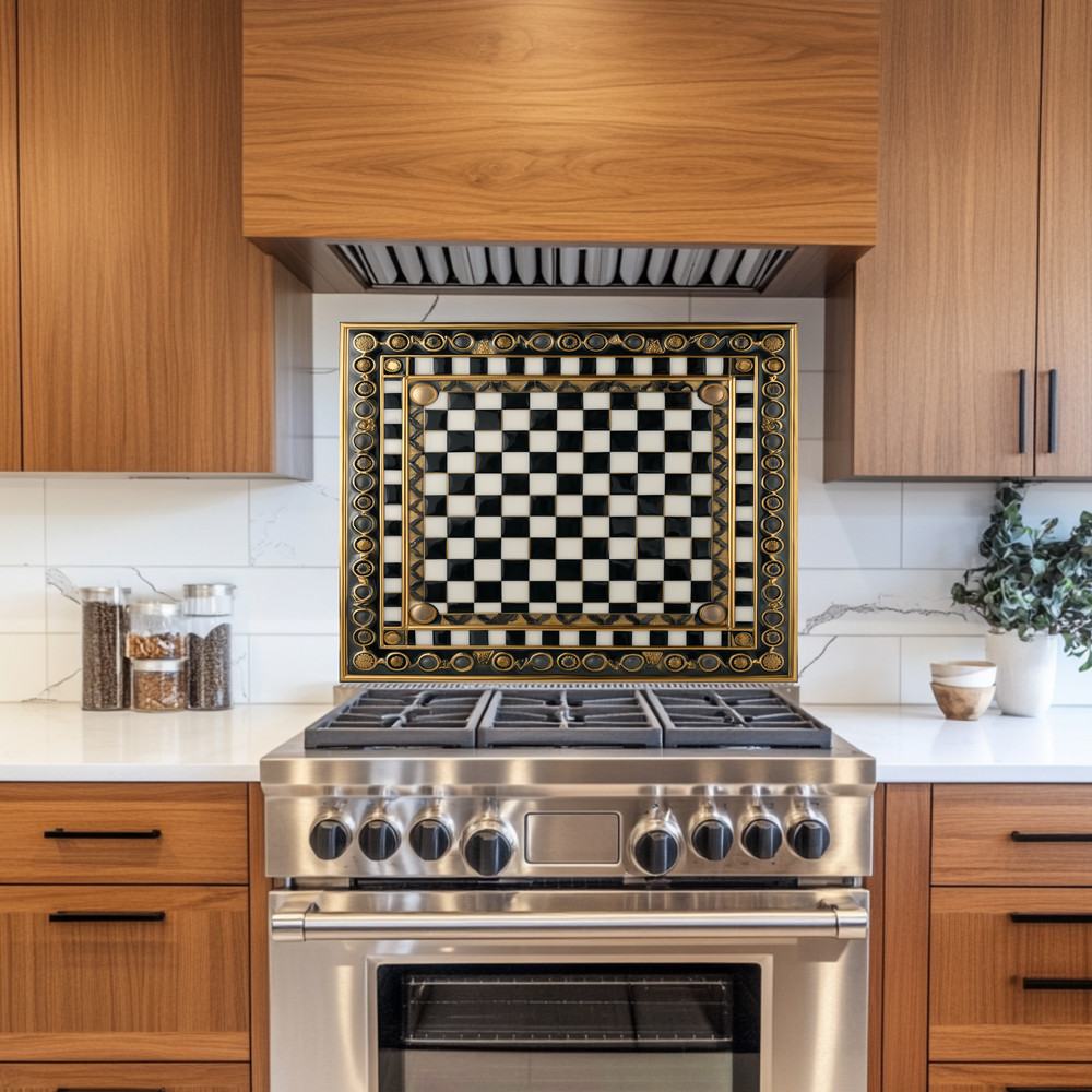 Ottoman Pattern on Marble Print Background Glass Backsplash for Kitchen Stove