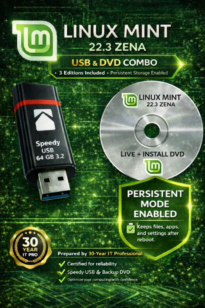 Linux Mint 22.3 Zena Bootable USB 64/DVD combo Live Install, Persistent