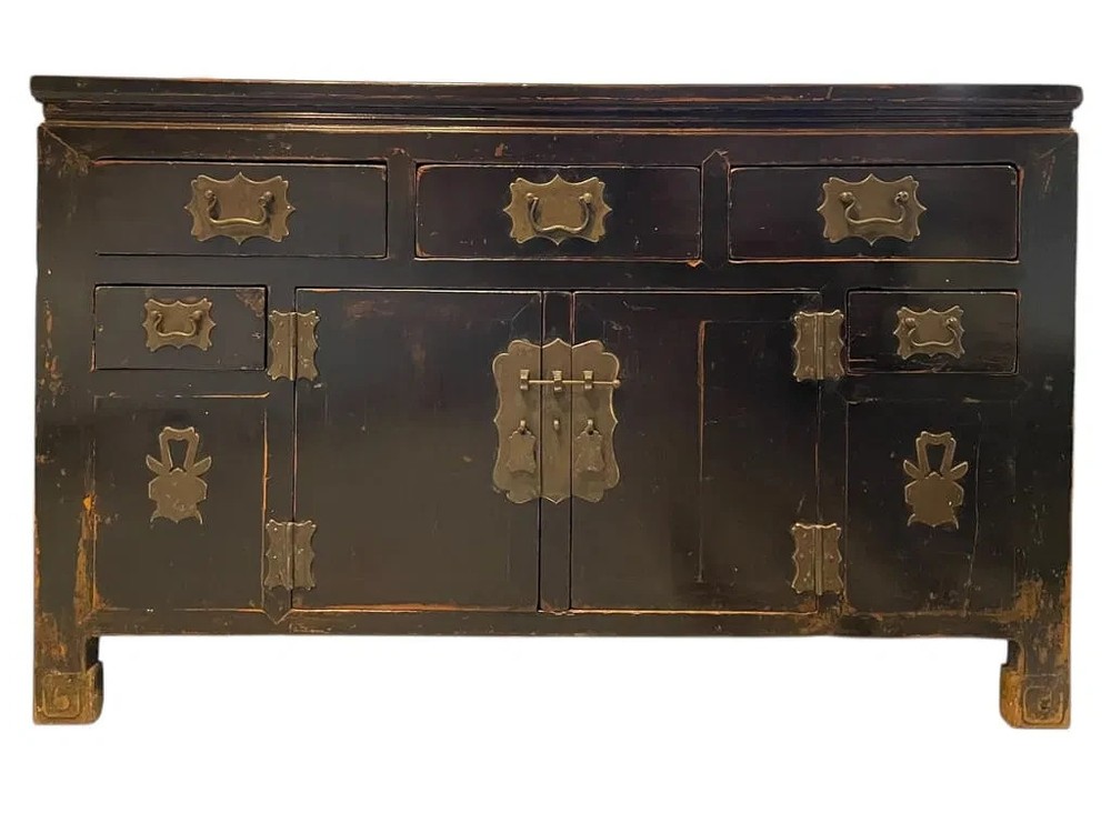 Antique Asian Black Lacquer Drawers Sideboard Buffet Credenza