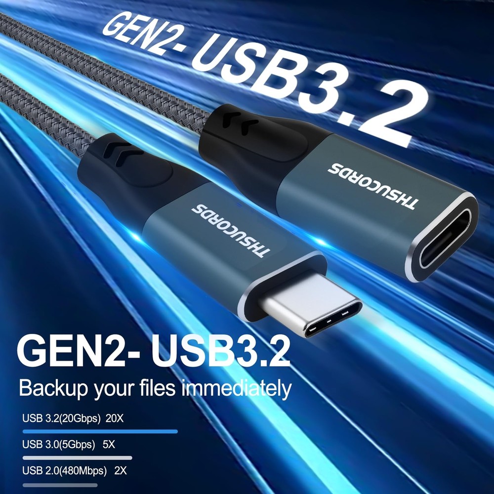 Thsucords USB C Extension Cable 10FT 2Pack, Type C 3.1 0Gbps 10FT, Grey