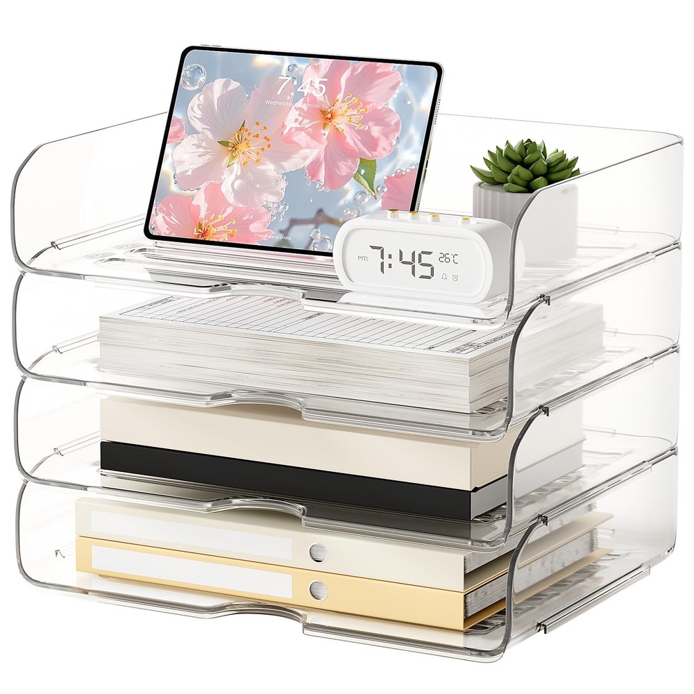 4-Tier Large-Capacity Organizer, Clear Stackable Desk Organizer & Acrylic Tra...