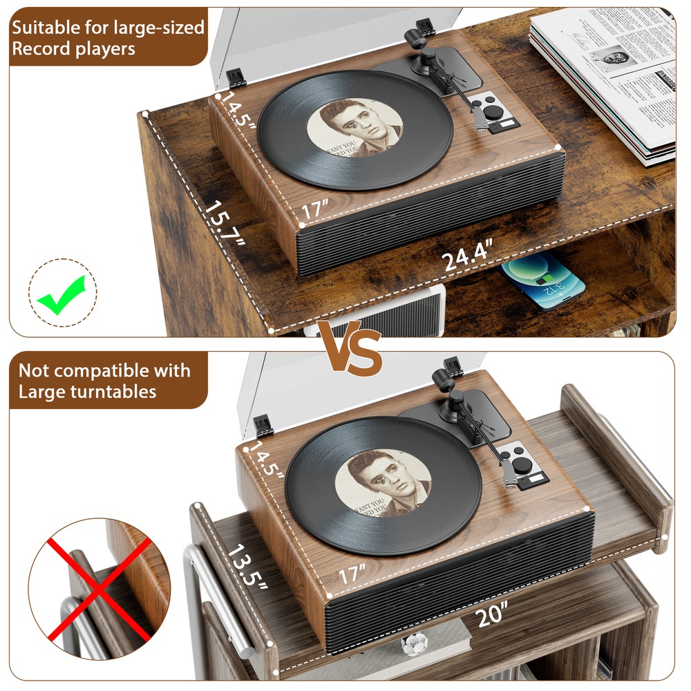 Large Record Player Stand Vinyl Record Storage Table Power Outlet Display Shelf